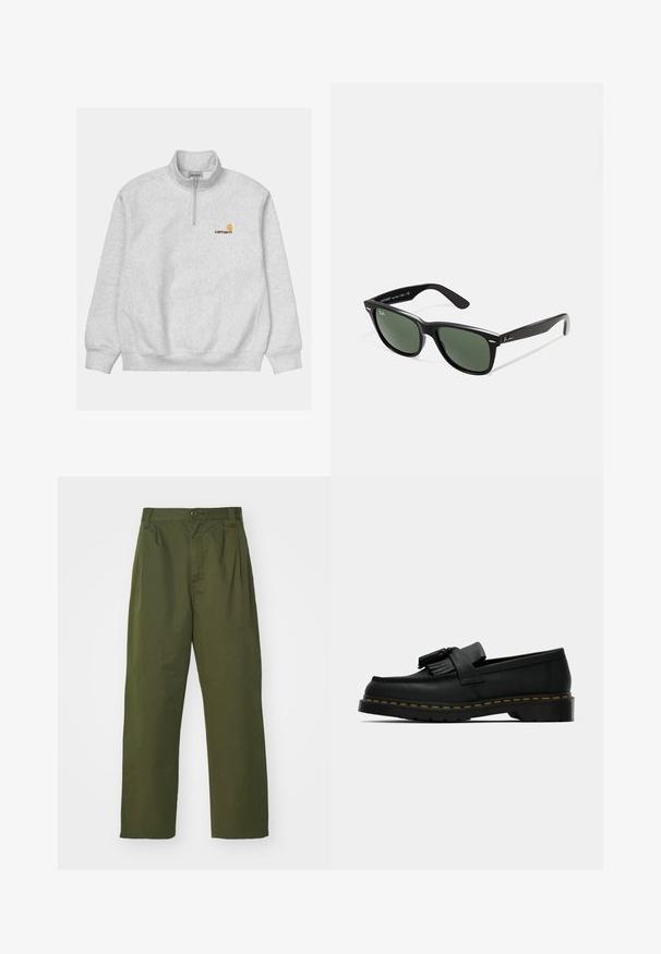 Sweatshirt gris clair avec un col zippé quart. Présente des poignets et une taille côtelés, ainsi qu'un petit logo orange et jaune sur la poitrine.; Pantalons verts olive, taille haute avec un design à jambe droite. Fabriqués dans un tissu léger, avec des plis à l'avant et une fermeture à bouton.; Mocassin en cuir noir avec des glands, surpiqûre jaune le long de la semelle et une semelle extérieure en caoutchouc épaisse et striée.; Lunettes de soleil en plastique noir avec verres verts, monture carrée, accent argenté sur le sourcil et branches texturées. Marque indiquée sur l'intérieur de la branche.