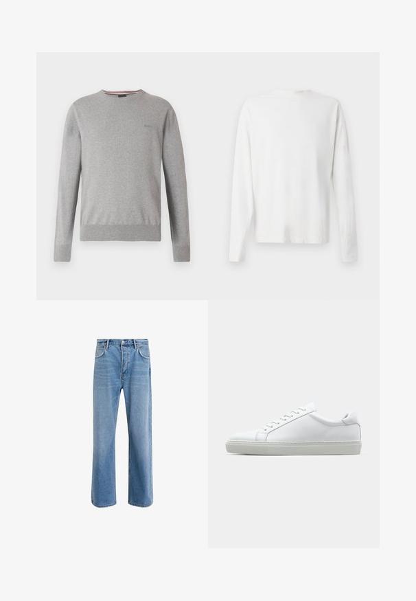 Pulover gri cu guler rotund, mâneci lungi, manșete și tiv nervurate, cu un logo subtil pe piept și accente cu dungi la nivelul gâtului.; Cămașă albă din bumbac cu mâneci lungi, decolteu rotund, fante pe laterale la baza, cu o textură netedă, expusă din spate.; Jeans din denim bleu deschis cu un design drept, cinci buzunare, închidere cu buton, decolorare minimă și detalii de cusătură în contrast.; Adidași albi cu o suprafață din piele netedă și un profil jos. Au un vârf rotunjit, șase orificii pentru șireturi și o talpă din cauciuc texturată.