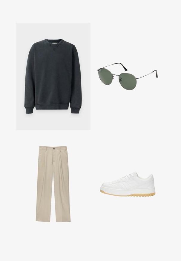 Donkergrijze sweatshirt met een ronde hals, lange mouwen, ribben aan de cuffs en een gladde textuur. Heeft een subtiele v-stiksel detail bij de halslijn.; Witte polo shirt van katoen, met een klassieke kraag, korte mouwen en een klein marineblauw logo op de linkerbovenkant. Placket met twee knopen.; Beige broek met een rechte snit, voorzien van een enkele zwarte knoop, riemlussen en zijzakken. Glad stoffen textuur en een minimalistisch ontwerp.; Witte leren sneaker met een gematteerde afwerking, met een rubberen zool, vetersluiting en subtiele streepaccenten aan de zijkanten.; Metalen zonnebril met ovale groene lenzen. Dunne zilveren metalen rand en zwarte oorstoppers. Minimalistisch ontwerp, zonder zichtbare logo's.