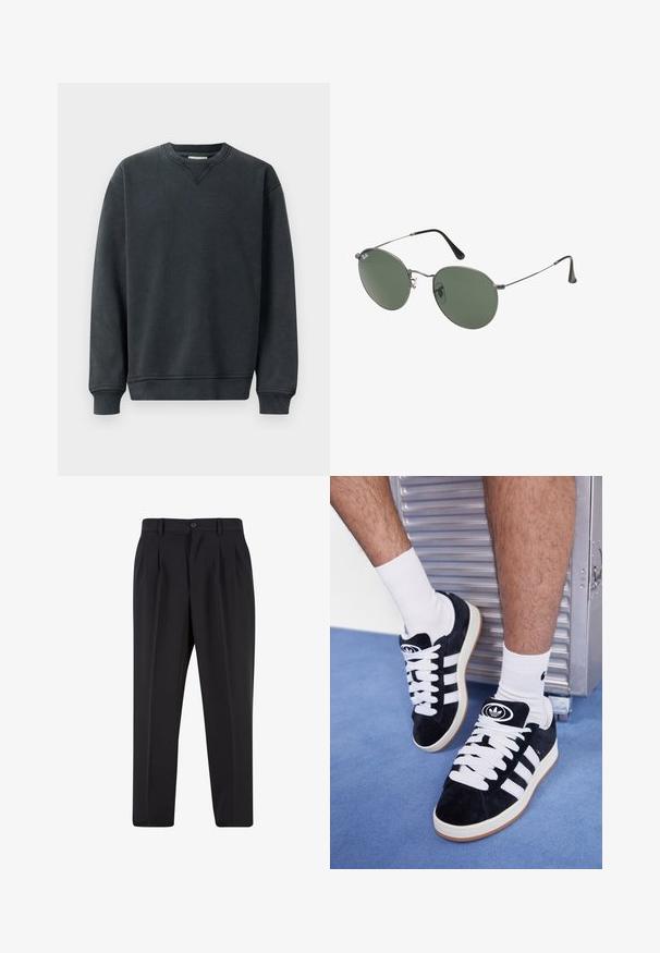 Mørk grå sweatshirt med rund hals, lange ermer, ribbestrikkede mansjetter og en glatt tekstur. Har et subtilt V-søm detalj ved halsen.; Sorte bukser med plisseret frontdesign, lavet af glat stof. Har knaplukning og bæltesløjfer; rett-bukser.; Sorte semskede sneakers med hvite lisser og tre hvite striper. Har en sirkulær svart logo på tungen og en såle av gummigummi.; Metallinnrammede solbriller med ovale grønne linser. Tynn sølvfarget metallramme og svarte øreplugger. Minimalistisk design, ingen synlige logoer.