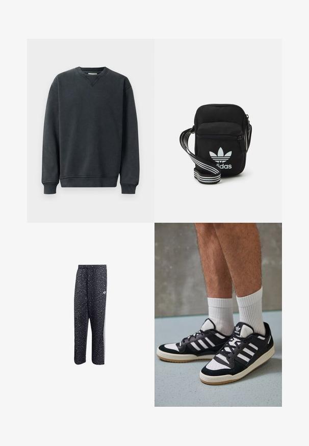 Tamsiai pilka pūkinė džemperis su apvalia iškirpte, ilgomis rankovėmis, raukšlėtomis rankogaliais ir lygiu paviršiumi. Išskirtinė detalių v-žuvelė prie iškirpės.; Juodi sportiniai keliai su leopardų raštu, su baltu trijų juostų dizainu ir sportinės prekinio ženklo logo šone.; Juodos ir baltos sportinės bateliai su zomšiniu ir odiniu viršumi, su trimis baltomis juostelėmis, perforuota koja ir guminėmis padais.; Juodas audinio per petį nešiojamas krepšys su užtrauktuku, turintis baltą Adidas logotipą ir dryžuotą reguliuojamą diržą patogiam nešiojimui.