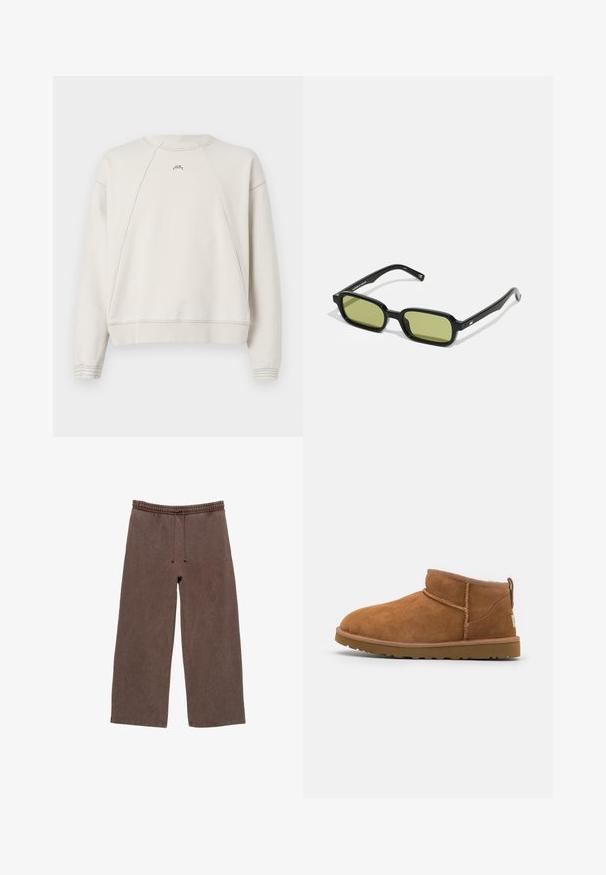 Ljusbeige sweatshirt med rundad halsringning, raglanärmar, ribbade mudd och fåll, med diskreta stygn och en liten logotyp på baksidan.; Brun ribbad cardigan med krage, två bröstfickor och knappstängning nedtill. Mjuk textur med en avslappnad passform.; Bruna bomullsmjukisar med elastisk midja, justerbar dragsko, vida ben och minimal sömdetalj.; Tan mockasinstövlar med rund tå, subtila sömnadsdetaljer och en texturerad gummisula. Kort höjd utan snörning.; Svarta solglasögon med en vinkelräknad design, grönt tonade linser och släta plastbågar. Har guldfärgade detaljer vid bågarna.