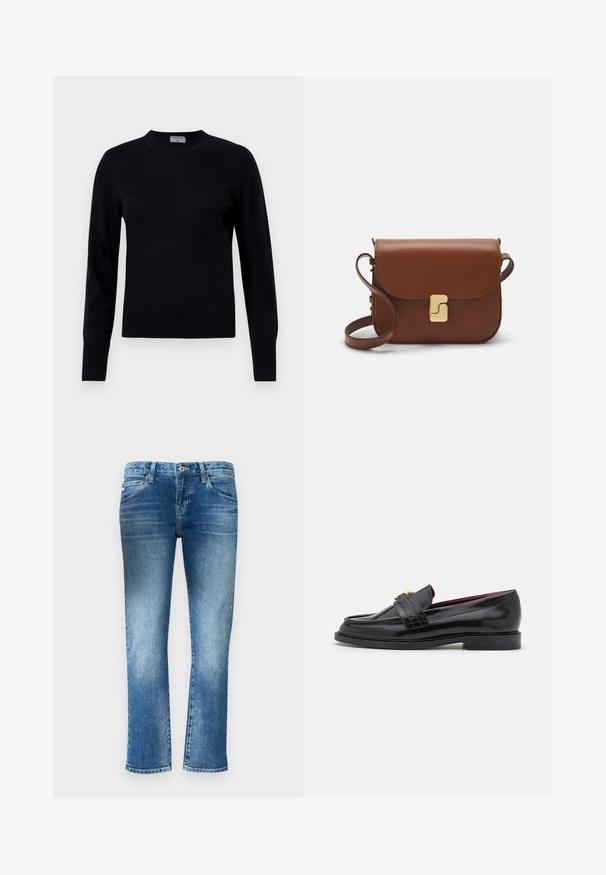 Schwarzer Strickpullover mit Rundhalsausschnitt und langen Ärmeln. Verfügt über eine glatte Textur und gerippte Bündchen, die eine klassische Passform und ein zeitloses Design bieten.; Hellblaue Jeans aus Denim mit geradem Bein, subtiler Ausbleichung und mittelhoher Taille. Verfügt über fünf Taschen und Gürtelschlaufen.; Schwarze Lederloafers mit einem gestickten Muster, glatter Textur, goldenen Schnallendetails und einer runden Zehenform, auf einer niedrigen schwarzen Sohle.; Braune Ledertasche mit Klappenverschluss, Beschlägen in Goldfarbe, einem Schultergurt und einer glatten Oberfläche. Kompakte rechteckige Form.