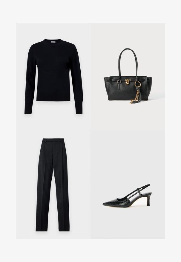 Mustern mustrisoe, millel ümar kael ja pikad varrukad. Omab siledat tekstuuri ja ribakujulisi mansette, pakkudes klassikalist istuvust ja disaini.; Mustad püksid siledast kangast, millel on kõrge vöökoht, laiad jalad, esimesed kortsud ja klassikalised vööloopid. Küljepockets pole nähtavad.; Mustmust paelad, millel on terav varvas, tekstuuriga maduprindiga, reguleeritav rihm ja lühike tekstuuriga plokknina.; Must musta kott, millel on kahekordsed käepidemed, kuldne lukustus ja kett, ning must-valge tutikate aksessuaar valge tausta ees.