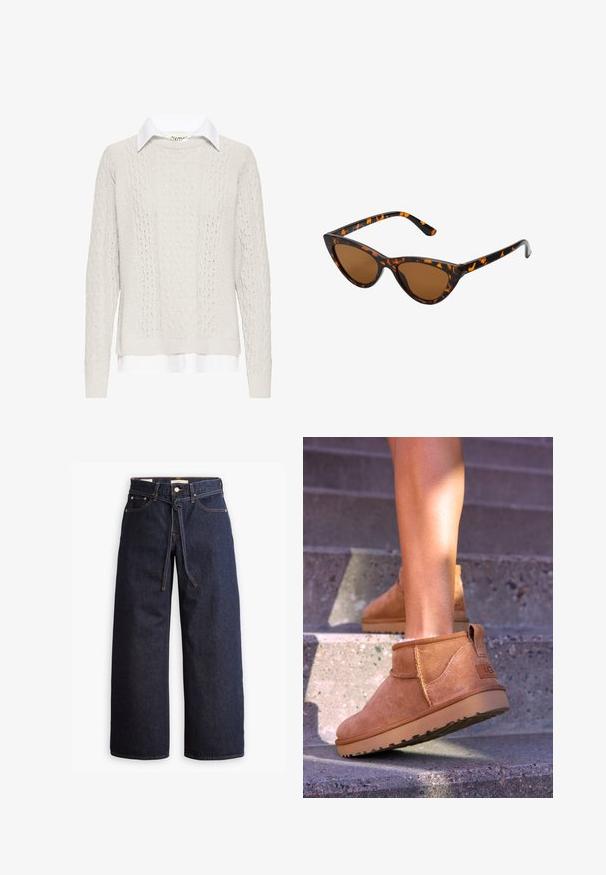 Džemper od kremaste pletene pređe s bijelom košuljom ispod. Ima duge rukave i rebraste manšete i rub. Teksturirani uzorak pletenja.; Široke tamnoplave traperice s visokim strukom, s vezicom, pet džepova i kontrastnim detaljima šavova.; Smešane čizme od tan velura s mekim tekstilom, sa šavnim detaljima i gumenim đonom, te petom s petljom za lako obuvanje.; Sunglasses u obliku mačjih očiju s okvirom u crno-narančastom kornjačevom uzorku, smešnim lećama i elegatnim, šiljastim vrhovima. Sadrži minimalni logo na dršci.