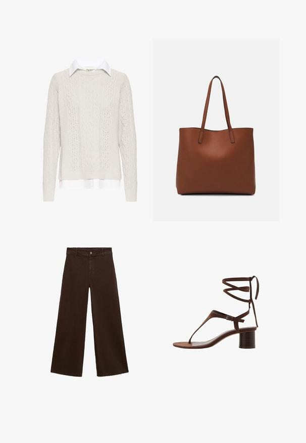 Pulover crem cu model tricotat în cordon, purtat peste o cămașă albă cu guler. Are mâneci lungi și tivuri drepte răsucite. Model texturat tricotat.; Pantaloni largi maro dintr-un amestec de bumbac, cu un tiv desfăcut, închidere cu buton frontal și un design clasic cu cinci buzunare. Minimalist și versatil.; Sandale cu toc înalt din suede maro, cu o curea triangulară pentru degete, legături la glezne și un toc bloc texturat pentru stabilitate.; Geantă de umăr din piele maro cu o textură netedă, design cu vârf deschis și două curele pentru umăr. Prezintă cusături minime și fără componente metalice vizibile.