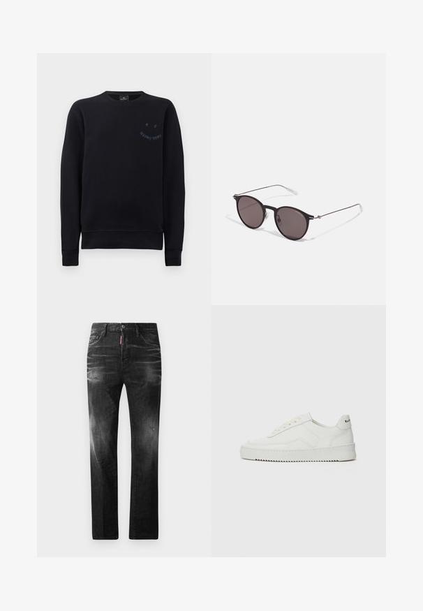 Sweatshirt preto feito de algodão, apresentando um decote redondo com nervuras, mangas longas e um pequeno logo em azul escuro no peito.; Jeans de denim preto com um corte reto. Apresentam áreas desbotadas, ligeira degradação, design clássico de cinco bolsos e um fecho de botão.; Sapatilha de couro branco com acabamento suave, bico redondo, atacadores planos e uma sola texturizada. Apresenta um logotipo discreto no calcanhar.; Óculos de sol redondos pretos com lentes escuras e hastes metálicas finas. Inclui pontas de templo transparentes e detalhes em prata na dobradiça. Design minimalista.