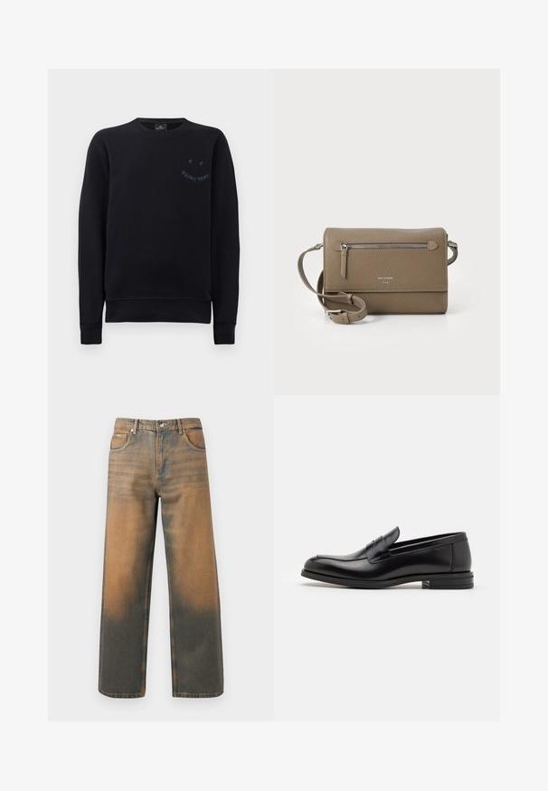 Felpa nera in cotone, con colletto a girocollo ribbed, maniche lunghe e un piccolo logo blu scuro sul petto.; Jeans a gamba larga in denim blu e marrone scuro con effetto usurato. Presentano un alto punto vita, tasche frontali e una chiusura con bottone classico arricchita da dettagli metallici.; Mocassini neri in pelle con una texture liscia, punta arrotondata e una striscia decorativa sulla tomaia. Tacco basso impilato, design minimalista.; Borsa a tracolla in pelle taupe con tasca anteriore con cerniera, tracolla regolabile, texture a granuli e logo embossato sulla parte anteriore.