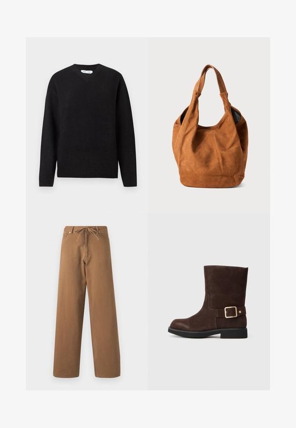 Črn pulover z v-neck iz mešanice mehke volne, dolgi rokavi ter rebrasti robovi in rob. Preprost, klasičen dizajn brez vzorcev ali poudarkov.; Rjave hlače širokega kroja, izdelane iz bombaža, z elastičnim pasom na vrvico in dvema sprednjima žepoma. Tekstura blaga z gladko površino.; Rjavi semiš gležnjača s zaobljenim nosom, ravnim črnim podplatom in zlatim zaponko na strani. Gladka tekstura in preprost dizajn.; Rjava semiš torba za ramo z mehkobo, ukrivljeno obliko in dvema ročajema. Ima minimalen dizajn brez vidnih kovinskih delov ali okrasnih elementov.