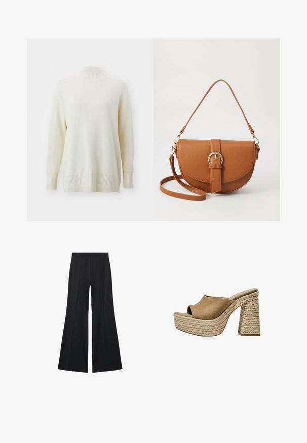 Krämfärgad polotröja med ribbad krage och manschetter. Mjuk textur, lös passform och sidoinsnitt vid nederkanten. Tillverkad av ett lätt material.; Svarta vida byxor med en slät textur, med framfickor och skräddarsydd design. Tyget är lätt och flödande.; Bruna mockaskinnsplattformar med öppen tå, med en kraftig flätad jute-klack och en slät, rundad ovandel.; Brun läder crossbody-väska med en böjd form, gyllene detaljer och en spänneaccent. Har en avtagbar axelrem.