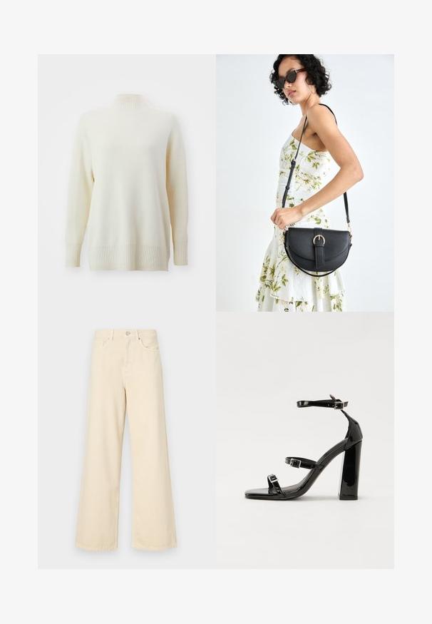 Tejfehér garbós pulóver bordás nyakkivágással és mandzsettával. Puha tapintású, laza szabású, oldalhasítékokkal az alján. Könnyű anyagból készült.; Bézs, széles lábú farmernadrág, pamutból készült. Gombos záródással, övhurkokkal és elülső zsebekkel rendelkezik, sima, puha tapintással.; Fekete lakk magas sarkú szandál négyzet alakú orral, bokapántokkal és ezüst csatokat tartalmaz. Masszív blokk sarka a stabilitásért felel.; Fekete bőrtáska ívelt formával, levehető pánttal és arany színű fémrészekkel. A táskán egy csattal díszített fedél található.