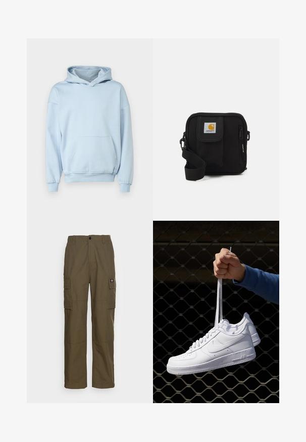 Only & Sons ONSCONNOR - Felpa con cappuccio - skyway; T-shirt bianco in cotone con maniche corte, scollo rotondo e vestibilità rilassata. Texture liscia senza pattern o dettagli visibili.; Pantaloni cargo verde oliva, realizzati in tessuto resistente. Presentano due tasche laterali, un punto vita standard e un design a gamba dritta.; Sneakers in pelle bianca con perforazioni, punta rotonda, suola piatta e lacci spessi, con logo swoosh visibile e "AIR" sul tallone.; Borsa a tracolla nera con un compartimento principale con zip, tasca frontale, tracolla regolabile e una patch del logo visibile sul risvolto.