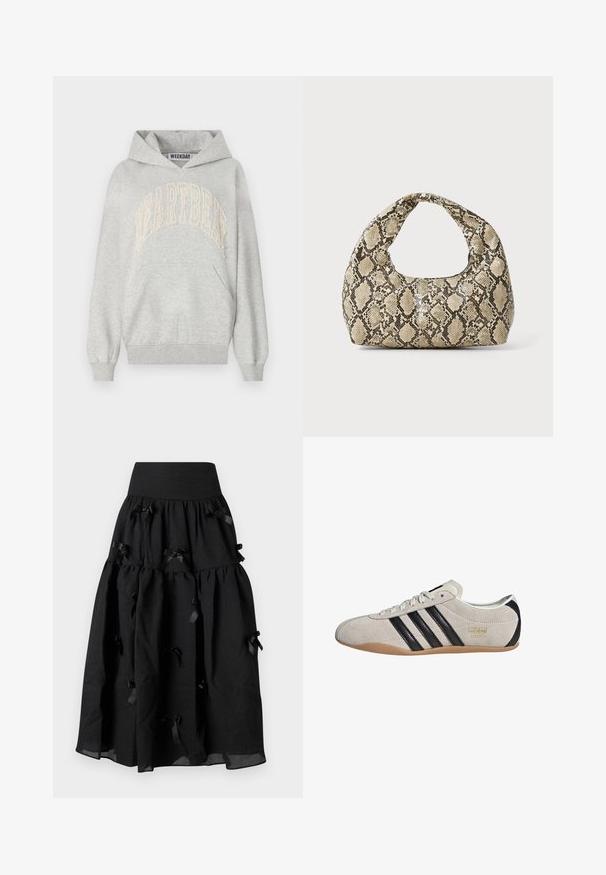 Harmaa huppari, joka on valmistettu puuvillasekoitteesta. Siinä on suuri "HEARTBEAT" -logo brodeerattu vaalean kermanväriseksi. Kangaroo-tasku ja ribatut hihansuut.; Sister Jane BIRDIE BOW MIDI SKIRT - A-linjainen hame - black; Tennarit mokkanahkaa harmaalla päällä, mustilla raidoilla ja kumipohjalla. Varustettu nauhakiinnityksellä ja kultaisella logo-yksityiskohdalla sivussa.; Käärmeennahkakuosiset käsilaukku, jossa on kaareva kahva. Tehty teksturoiduista beigeistä ja ruskeista materiaaleista, joissa on erottuva timanttikuvio.