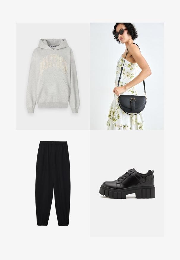 Grå huvtröja i bomullsblandat material. Har en stor "HEARTBEAT"-logotyp broderad i ljus krämfärg. Känguruficka och ribbade ärmslut.; Svarta, lätta byxor med elastisk midja och samlade ankleder. Tyget är slätt och har en avslappnad, avsmalnande design.; Svarta läderplattformsskor med en kraftig blockklack, rund tå och traditionell snörningsdesign. Har en slät textur och minimal detaljering.; Svart läderhandväska med en böjd form, avtagbar rem och guldiga detaljer. Väskan har ett lock med en spänndetalj.