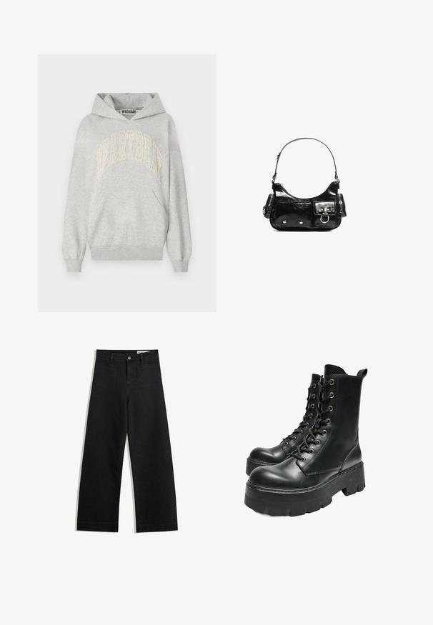 Šedá mikina s kapucňou vyrobená z bavlnenej zmesi. Má veľké vytlačené logo "HEARTBEAT" v svetlo krémovej farbe. Klokaní vrecko a rebrované manžety.; Čierne denimové nohavice s širokými nohavicami a vysokým pásom, so prednými a zadnými vreckami, šitými švami a zapínaním na gombík. Hladká textúra.; Bershka TRACK - Členkové čižmy na platforme - black; Čierna laková kožená kabelka s ohnutým tvarom, jedným ramenným popruhom, prednými vreckami a striebornými kovovými doplnkami.