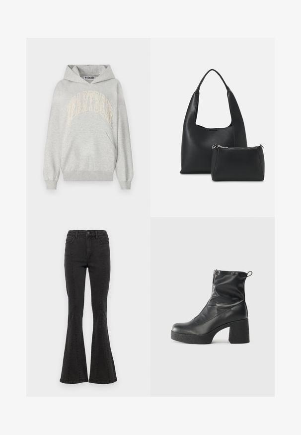 Siva kapuco iz bombažnega materiala. Ima velik vezen velik napis "HEARTBEAT" v svetli smetanovi barvi. Kenguru žep in rebrast zaključek rokavov.; Črne flare jeans hlače z visokim pasom, ki imajo stranske šive in čist zaključek na robu. Tkanina ima gladko teksturo z rahlo raztegljivostjo.; Črne gležnjarje iz gladke kože z božnim zadrgo, masivnim teksturiranim peto in zaobljeno obliko prstov.; Even&Odd Torbica - black