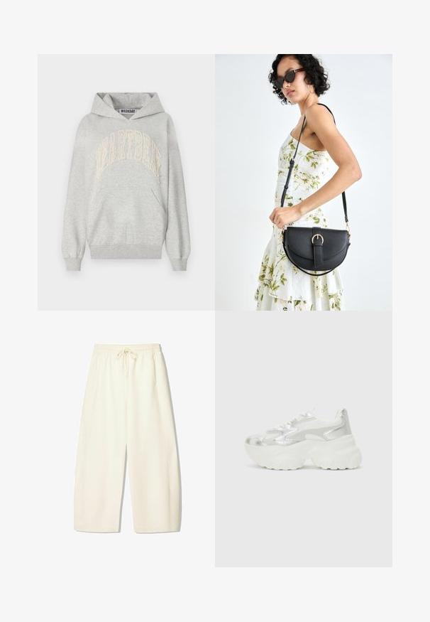 Graue Kapuzenjacke aus einem Baumwoll-Mix. Mit großem, in hellcreme gesticktem "HEARTBEAT"-Logo. Kängurutasche und gerippte Bündchen.; Helle, locker sitzende Hose aus cremefarbenem Stoff mit einem elastischen Bund, Kordelzug und Seitentaschen. Weicher Stoff mit glatter Textur.; Silberner Sneaker mit einem strukturierten Mesh-Obermaterial und schimmernden Akzenten, ausgestattet mit einer klobigen weißen Sohle und einer Schnürverschluss.; Schwarze Lederhandtasche mit geschwungener Form, abnehmbarem Tragegurt und goldenen Beschlägen. Die Tasche verfügt über einen Deckel mit einer Schnallen-Details.