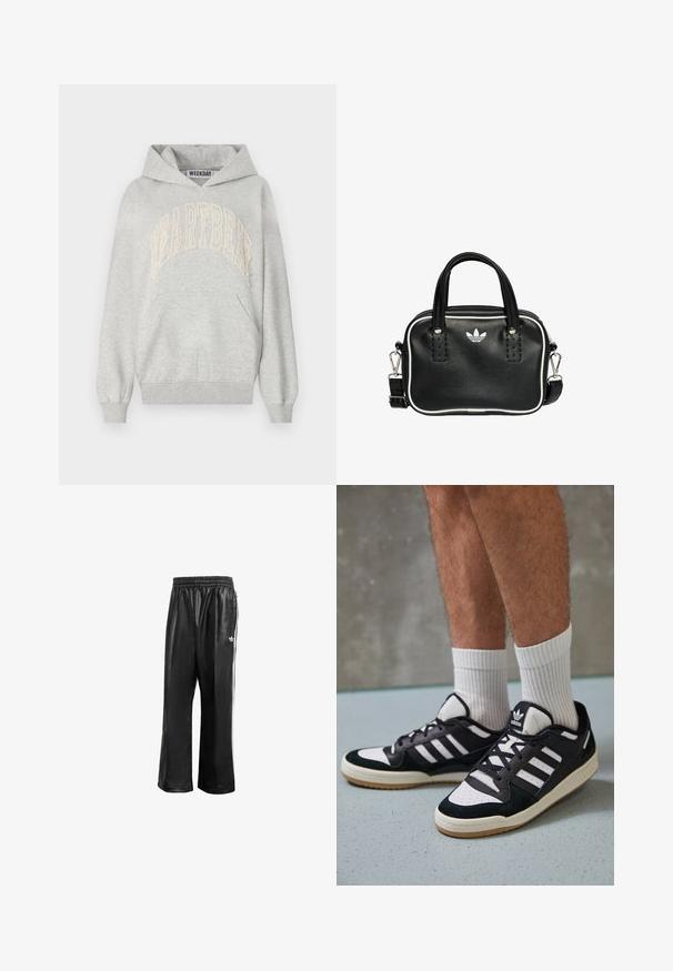 Felpa grigia realizzata in tessuto misto cotone. Presenta un grande logo "HEARTBEAT" ricamato in crema chiaro. Tasche a marsupio e polsini a costine.; Pantaloni da corsa neri in materiale sintetico con vita elasticizzata, caratterizzati da strisce laterali bianche e un piccolo logo bianco sull'anca sinistra.; Sneaker bianco e nero con tomaia in suede e pelle, caratterizzati da tre strisce bianche, punta perforata e suola in gomma naturale.; Borsa a mano in pelle nera con due manici corti, hardware argentato, dettagli bianchi e un logo bianco. Presenta una superficie strutturata e un design compatto.