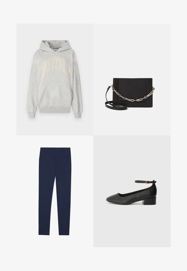 Gray hoodie made of cotton-blend fabric. Features a large "HEARTBEAT" logo embroidered in light cream. Kangaroo pocket and ribbed cuffs.; Navy blue trousers made from smooth fabric, featuring a straight-leg design and a flat front. No visible patterns or accents.; Black leather pump with a pointed toe and a low block heel. Features an ankle strap with a gold-tone buckle. Smooth texture.; Black leather crossbody bag featuring a smooth texture, rectangular shape, and a metallic chain detail on the front. Adjustable strap included.