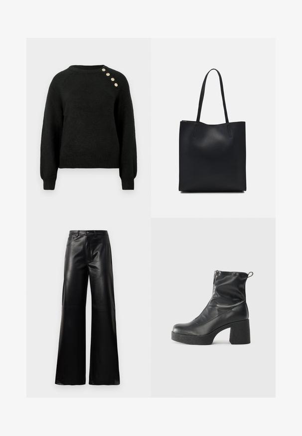 Musta neulottu villapaita, jossa pitkät hihat, resorireuna ja pyöreä pääntie. Vasemmassa olkapäässä on neljä koristelaskknappia.; Mustat korkeat leveät keinonahkahousut, joissa on etupainike, vetoketjukiinnitys, vyölenkit ja sivutaskut valkoista taustaa vasten.; Mustat nilkkurit, jotka on valmistettu sileästä nahasta. Niissä on sivuvetoketju, paksu teksturoitu korko ja pyöristetty kärki.; Mustapahkainen kangaskassi, jossa on sileä pinta, suorakaiteen muotoinen ja kaksi pitkää kahvaa. Ei näkyvää metalliosaa tai koristeita.