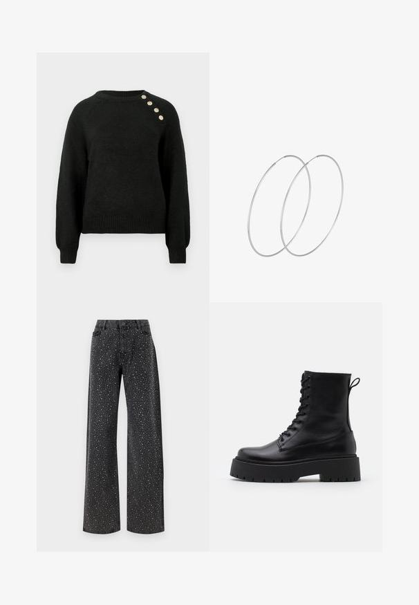 Black knitted sweater with long sleeves, ribbed hem, and a round neckline. Features four decorative buttons on the left shoulder.; Noisy May NMJANNEL LOOSE - Relaxed fit jeans - black denim; Black leather ankle boots with a round toe, lace-up front, and a thick rubber sole featuring a textured tread. Pull tab at the back.; Silver hoop earrings with a minimalist design. Circular shape, smooth texture, and thin profile. Lightweight with a polished finish.