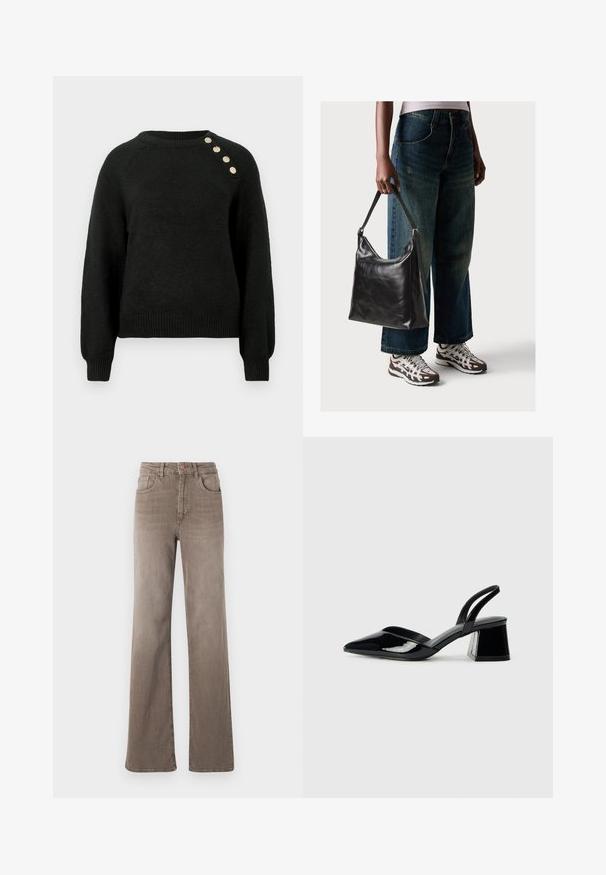 Schwarzer Strickpullover mit langen Ärmeln, geripptem Saum und rundem Ausschnitt. Mit vier dekorativen Knöpfen auf der linken Schulter.; Braune hoch taillierte Straight-Leg-Jeans mit vorderem Knopf, Gürtelschlaufen und klassischem Fünf-Taschen-Design auf weißem Hintergrund.; Schwarze Lackleder-Slingback-High Heels mit spitzem Schuh und einem geometrischen Blockabsatz. Verfügt über ein schlankes, minimalistisches Design und eine glatte Textur.; Schwarze Leder-Schultertasche mit glatter Textur und verstellbarem Riemen, kombiniert mit ausgewaschenen weit geschnittenen Jeans und sportlichen Sneakern.