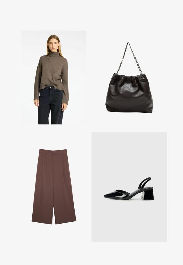 Brązowy sweter z golfem, z prążkowanym wykończeniem i szerokimi rękawami, w połączeniu z ciemnymi jeansami o wysokim stanie. Miękki, teksturowany materiał dzianinowy.; Brązowe spodnie o szerokich nogawkach z gładką fakturą, z wysokim stanem i plisami z przodu. Materiał jest lekki i luźno opada.; Czarne lakierowane półbuty na obcasie z wydłużonym noskiem i geometrycznym słupkiem. Charakteryzują się eleganckim, minimalistycznym designem oraz gładką fakturą.; Brązowa skórzana torba z marszczonym szczytem i łańcuszkowym paskiem. Gładka tekstura z błyszczącym wykończeniem i subtelnymi detalami szwów po bokach.