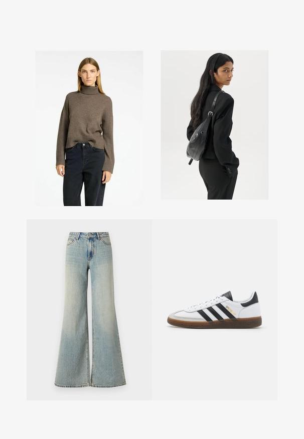 Bruine coltrui met geribde zoom en brede mouwen, gecombineerd met donkere high-waisted jeans. Zacht, textuur gebreid materiaal.; Lichtblauwe wijde jeans met een hoge taille, featuring een vervaagde afwerking, zijzakken en een subtiele split aan de onderkant van de poten.; Witte leren sneaker met zwarte suède accenten, drie zwarte strepen, beige rubberen zool en gouden "SPEZIAL" branding aan de zijkant.; Vrouw met lang donker haar in een zwart pak, met een zwart leren schoudertas, die over haar schouder kijkt tegen een witte achtergrond.