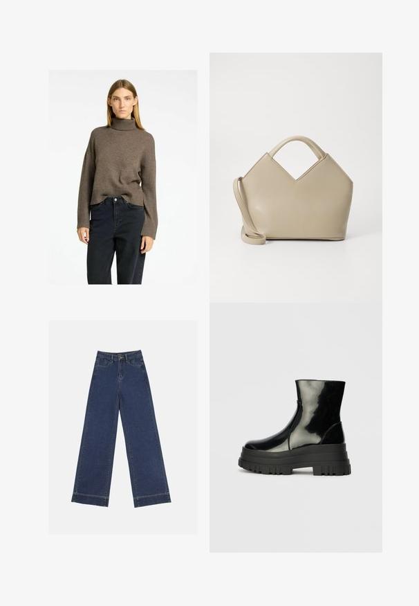 Brūns turtlenecks džemperis ar ribotu apakšmalu un platām piedurknēm, kombinēts ar tumšām augsto jostasvietu džinsām. Mīksts, strukturēts adījuma materiāls.; Platās kājas džinsi tumši zilā denima krāsā. Iespējas: piecas kabatas, siksnu cilpas un neapstrādāta apakša ar redzamām šuvju detaļām.; Melnas spīdīgas potītes zābaki ar biezu zoli un noapaļotu purngalu, sānu skats uz vienkārša gaiši pelēka fona.; Beidzis struktūrēts rokassomu ar V formas augšdaļu, no gludas ādas materiāla, īsām rokturiem un garu regulējamu siksnu. Minimalistisks dizains.