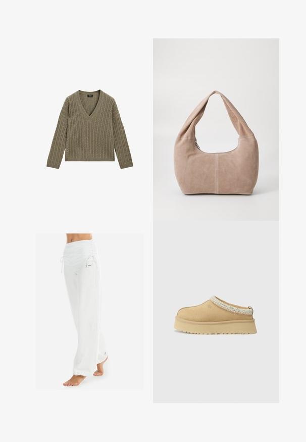 Olivgrüner V-Ausschnitt-Pullover mit gerippter Textur und Zopfmuster. Verfügt über lange Ärmel und eine gekürzte Länge.; Weißes ärmelloses Oberteil mit verstellbaren Trägern, taillierter Passform, glattem Stoff und rundem Ausschnitt. Keine Muster oder Hardware-Details.; Weiße, locker sitzende Hose mit gerafftem Bund und Kordelzug. Glatte Textur mit Seitennähten, entworfen für Komfort und Beweglichkeit.; Beige Wildleder Slipper mit gepolstertem Kragen und strukturiertem hellblauen Akzent. Verfügt über eine dicke, strapazierfähige Außensohle mit gemusterter Profilierung.; Hobo-Tasche aus weichem Wildledermaterial in einem hellen Beigeton. Verfügt über eine runde Form, einen breiten Riemen und einen Reißverschluss.