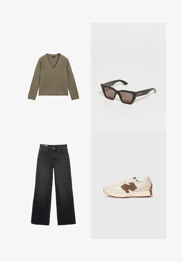 Maglione verde oliva a V con una texture a coste e un design a trecce. Presenta maniche lunghe e una lunghezza cropped.; Jeans neri a gamba larga realizzati in denim. Caratterizzati da un classico design a cinque tasche, una silhouette dritta e una chiusura con bottone frontale.; Scarpa atletica beige con un accento in suede marrone, caratterizzata da una parte superiore texturizzata, lacci e una suola in gomma con diverse trame di aderenza.; Occhiali da sole neri oversize con una forma geometrica a occhio di gatto, lenti oscurate e senza dettagli hardware visibili.; Sciarpa lavorata a maglia marrone con una morbida texture, caratterizzata da un design allungato e drappeggiato. I bordi sono rifiniti con un bordo a coste.; Borsa in oliva intrecciata con forma arrotondata e manico attorcigliato. La superficie testurizzata presenta un motivo diagonale. Chiusura con cerniera.