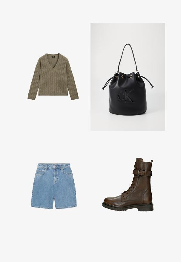 Maglione verde oliva a V con una texture a coste e un design a trecce. Presenta maniche lunghe e una lunghezza cropped.; Shorts in denim azzurro chiaro, con vita alta, quattro tasche e cuciture visibili. Realizzati in tessuto denim testurizzato.; Stivaletto in pelle marrone con lacci, fibbia laterale, punta rotonda, suola robusta e dettagli di cucitura per un tocco in più.; Borsa a secchiello in pelle nera con chiusura a cordoncino, caratterizzata da un logo "CK" lucido sulla parte anteriore e dettagli in hardware dorato.