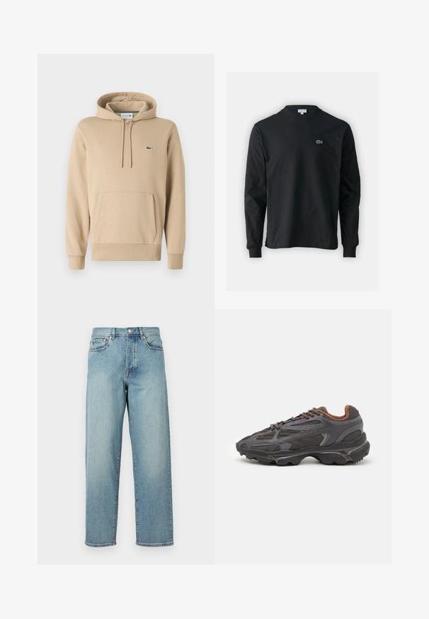 Sudadera con capucha de color beige fabricada en una mezcla de algodón. Presenta un bolsillo tipo canguro, puños acanalados y un pequeño logo bordado en verde en el pecho.; Camiseta de manga larga negra de algodón, con escote redondo y un pequeño logo de cocodrilo bordado en verde en el lado izquierdo del pecho.; Jeans de mezclilla azul claro con un corte amplio, piernas rectas, diseño de cinco bolsillos y cierre de botón en la cintura. Detalle de costura minimalista.; Zapatillas Lacoste en gris oscuro con material de malla y sintético, que cuentan con una suela texturizada y detalles en marrón en el cuello y la marca.