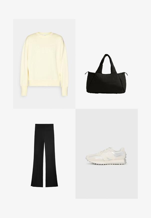Svijetložuta dukserica od mekanog materijala, s okruglim izrezom, spuštenim ramenima i izvezenim "Casall" logotipom na prednjoj strani.; Crne hlače širokog kroja, s visokim strukom i bočnim prorezima za lakše kretanje. Izrađene su od glatkog, rastezljivog materijala.; Niska kremasto-srebrna tenisica s vezicama i teksturiranim potplatom, prikazana iz profila na jednostavnoj bijeloj pozadini.; Crna torba od tkanine s pufastom teksturom, s dva kratka ručka i bočnom džepom koji se zatvara uzici. Jednostavan, angulardan dizajn.