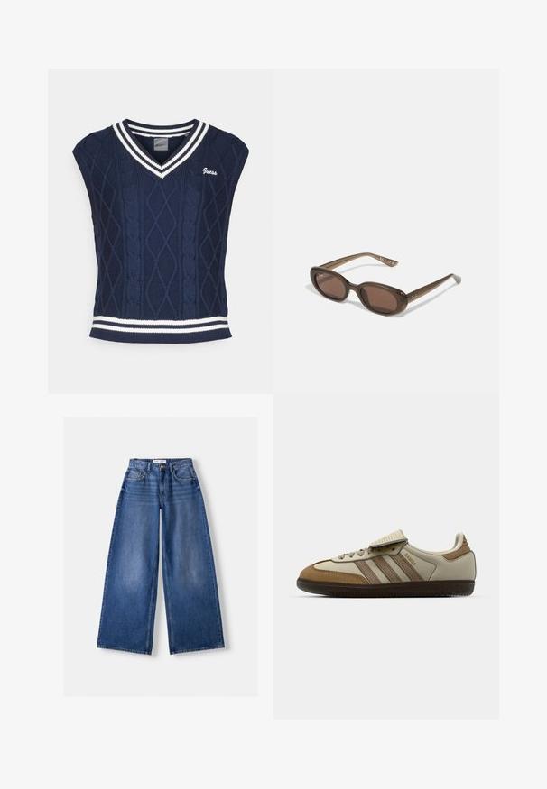 Námornícky pletený bezrukávový sveter s výstrihom do V, s káblovým vzorom, bielymi pruhmi na golieri a leme, a logom "Guess".; Biele top bez rukávov s nastaviteľnými ramienkami, priliehajúci strih, hladká textúra látky a okrúhly výstrih. Žiadne vzory ani kovové detaily.; Bershka WIDE-LEG - Široké nohavice - dark blue; Hnedé a krémové športové topánky s tromi béžovými pruhmi, z hladkej kože a kože, s dizajnom na šnurovanie a gumovou podrážkou. Textová značka na boku.; Hnedé oválne slnečné okuliare s tmavými sklami. Rám je vyrobený z priesvitného hnedého materiálu a na spánkoch má vytlačené logo.