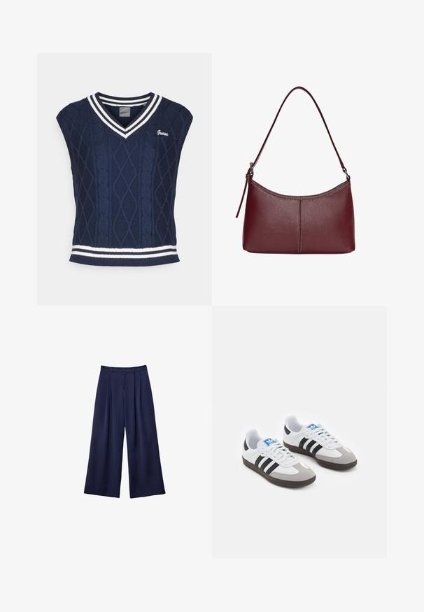 Námořnický pletený bezrukávový svetr s výstřihem do V, zdobený kabelovými vzory, bílými pruhy na límci a lemu a logem "Guess".; Námorně modré kalhoty s širokými nohavicemi, s plisovaním, knoflíkovým páskem a poutky na opasek, zobrazené položené na bílé pozadí.; Sportovní boty s bílým koženým svrškem, šedou semišovou špičkou a třemi černými pruhy. Obsahují modré logo na jazyku a texturovanou gumovou podrážku.; Vínová kožená kabelka s zakřiveným tvarem, jediným ramenním popruhem a prošíváním ve středu. Hladký povrch, minimální kovové prvky.