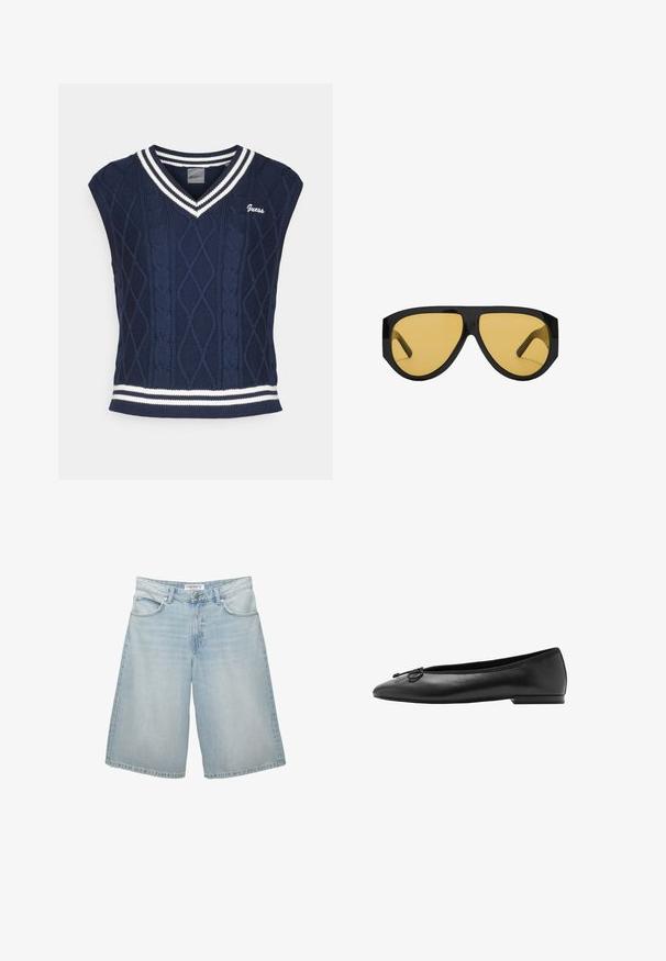 Námořnický pletený bezrukávový svetr s výstřihem do V, zdobený kabelovými vzory, bílými pruhy na límci a lemu a logem "Guess".; Světle modré džínové kraťasy s širokým střihem, které mají pět kapes, poutka na opasek a zipový rozparek. Hladká textura s jemným vyblednutím.; Černé kožené baletní byty s rounded toe, štíhlým siluetou a dekorativní mašlí na přední straně. Nízký, obdélníkový podpatek.; Sluneční brýle s elegantním černým plastovým rámem a žlutě tónovanými čočkami, s výrazným úhlovým tvarem a širokými obroučkami pro dodatečné zakrytí.