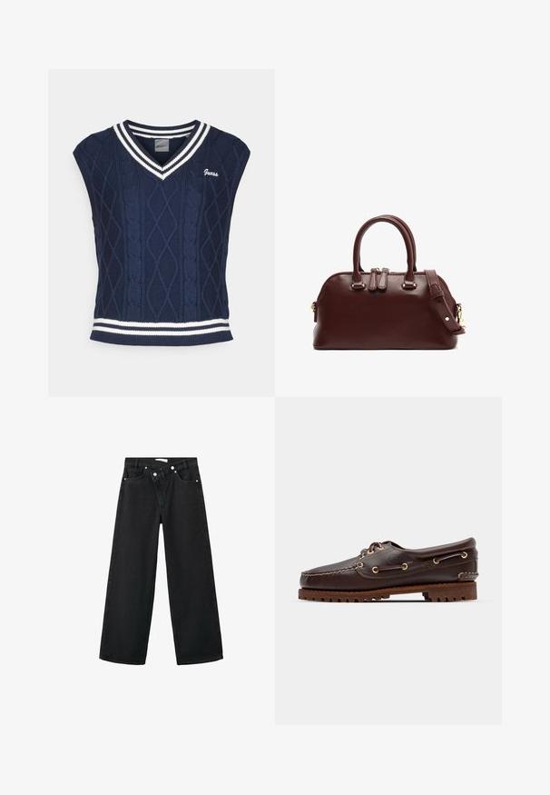 Mornarsko pleteni brezrokavnik z V-izrezom, z natančnim vzorcem pletenja, belimi črtami na ovratniku in robu ter logotipom "Guess".; Visoke črne kavbojke z širokimi hlačnicami, pet žepov in srebrnimi kovinskimi dodatki spredaj za zapiranje.; Rjave usnjene čolnarske čevlje z zlatimi očesi, okroglicami in teksturiranim rjavim gumijastim podplatom. Ima šivano podrobno obdelavo in dvignjen logotip.; Burgundska usnjena torbica z dvojno zgornjo ročico, odstranljivo naramnico, zlato strojno opremo in zaobljeno obliko. Zadrga za zapiranje.