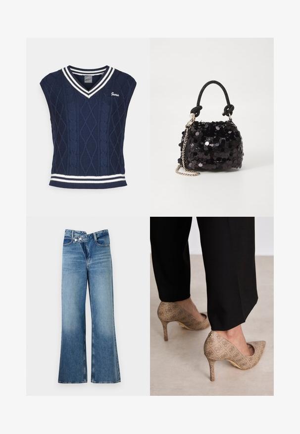 Navy strikket ermeløs genser med V-hals, med kabelmønster, hvite striper i kragen og nederkant, samt "Guess"-logo.; Lyseblå denim flared jeans med høy midje, med to knapper og frontlommer. Stoffet har en falmet tekstur med subtile variasjoner.; Beige høyhælte sko med teksturert stoff som har et gjentatt mønster. Spiss tådesign med bakdetalj og gullhelsjekk.; Svart paljettmini-veske med en knyttet teksturert stropp og sølvkjede. Rund form med samlet topp og reflekterende detaljer.