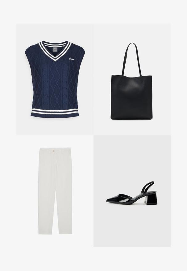 Jersey sin mangas de color azul marino con escote en V, con patrón de trenzas, acentos de rayas blancas en el cuello y el dobladillo, y logo de "Guess".; Pantalones blancos, ajustados, con un diseño de pierna recta, que cuentan con un cierre de botón, lazos para cinturón y bolsillos laterales; textura de tela suave.; Zapatos de tacón slingback de charol negro con punta afilada y tacón geométrico en bloque. Presentan un diseño elegante y minimalista, así como una textura suave.; Bolso tote de cuero negro con textura lisa, forma rectangular y dos asas largas. Sin herrajes ni adornos visibles.
