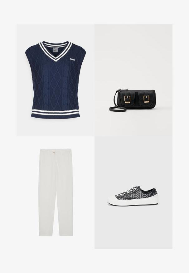 Maglione senza maniche in maglia navy con scollo a V, caratterizzato da un motivo a treccia, dettagli a righe bianche al colletto e all'orlo, e logo "Guess".; Pantaloni bianchi su misura con design a gamba dritta, dotati di chiusura a bottone, passanti per cintura e tasche laterali; tessuto morbido.; Sneaker neri e grigi con motivo, dotati di puntale in gomma bianca, caratterizzati da un design con lacci e accenti neri testurizzati sui lati.; Borsa a tracolla nera in pelle con due tasche frontali, fibbie dorate, chiusura con zip e una tracolla sottile. Superficie texturizzata e forma rettangolare compatta.