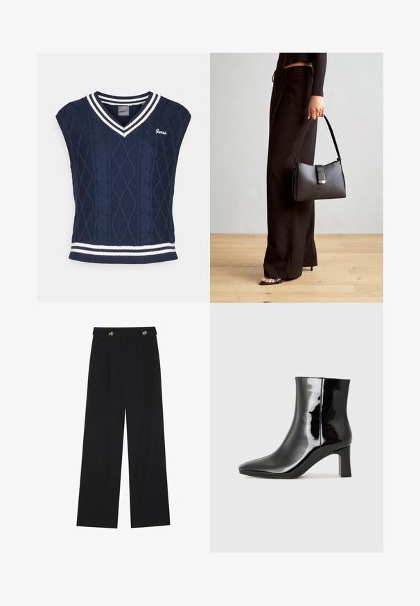 Jersey sin mangas de color azul marino con escote en V, con patrón de trenzas, acentos de rayas blancas en el cuello y el dobladillo, y logo de "Guess".; Pantalones de pierna ancha negros con cintura alta, detalles de botones en la cinturilla y pliegues en la parte delantera.; Botín de charol negro con punta afilada y un tacón de bloque de altura media. Textura suave y diseño minimalista.; Bolso negro con forma estructurada, textura suave y un cierre metálico. Combinado con pantalones anchos negros y sandalias de dedo en un suelo de madera.