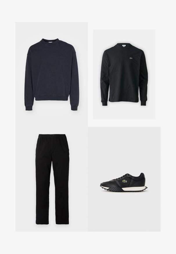Námořnická modrá mikina se crew neckem, dlouhými rukávy, ribbed manžetami, strukturovanou látkou a malým tónovým logem na hrudi.; Černé dlouhé rukávy triko vyrobené z bavlny, s kulatým výstřihem a malým zeleným vyšitým logem krokodýla na levé hrudi.; Černé kalhoty vyrobené z bavlněné směsi, s rovný střih, elastickým pasem s knoflíkem a bez viditelných vzorů či akcentů.; Černé tenisky s hladkým koženým povrchem, obsahující texturovanou gumovou podrážku, bílou mezipodešev a zelené vyšívané logo na boku.