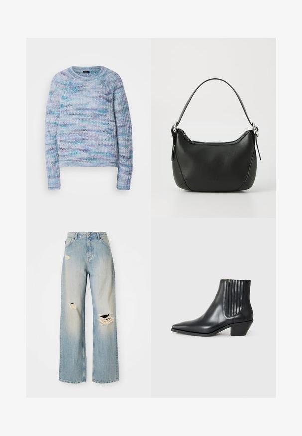 Heegeldatud kampsun heledas sinises, violetsetes ja akvaariinestes toonides, tekstuurse pinnaga, ümarahaelise kaelusega ja ribakujuliste varrukate otstega. Ei ole nähtavaid sulgureid.; Hallituskaaluga ilma varrukateta turtleneck tops, keha libisev sobivus, sooniktekstuur, sile kanga, kõrgema kaeluse ja stiilsete õlavarre avadega.; Heledad sinine sirge jala teksad, kõrge vöökohaga, vööaasadega ning kulumisega rebendid vasakul reiel, paremal põlvel ja vasaku jala alumises osas.; Must kõva nahast ankle boot terava varbaga, elastsete külgpanelide ja vertikaalsete soontega ning madala ploki kontsaga. Sile tekstuur ja stiilne disain.; Must mustast nahkaga kott, millel on kaarjas kuju, hõbedane tõmblukk ja lühike käepide. Ees on peen logo ning kott on sileda tekstuuriga.