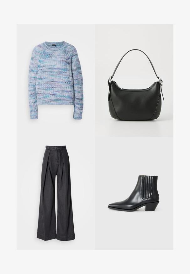 Neulepaita vaaleansinisessä, violettia ja akvamarinin värisessä langassa, jossa on teksturoitu pinta, pyöreä pääntie ja resorihihansuut. Ei näkyviä kiinnityksiä.; Mustat leveälahkeiset farkut korkealla vyötäröllä, joissa on etupleseet ja klassinen vetoketjukiinnitys. Raikas, sileä pinta ja siisti viimeistely.; Musta nahkainen nilkk boot, jossa on terävä kärki, elastiset sivupaneelit pystyröytiä ja matala lohkarepohja. Sileä pinta ja tyylikäs muotoilu.; Musta nahkakäsilaukku, jossa on kaareva muoto, hopeinen vetoketju ja lyhyt kahva. Edessä on hienovarainen logo ja pinta on sileä.