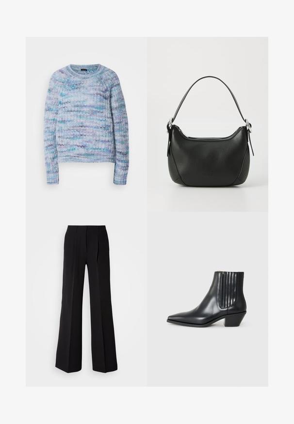 Kötött pulóver világoskék, lila és aqua színben, texturált felülettel, kerek nyakkivágással és bordás mandzsettákkal. Nincsenek látható záródások.; Fekete nadrág sima anyagból, magas derekú, bőszárú szabással, és két elülső pliszével a dizájn részletessége érdekében.; Fekete bőr bokacsizma hegyes orral, elasztikus oldalsó panelekkel, amelyek függőleges bemetszésekkel rendelkeznek, és alacsony blokk sarkú. Sima textúrájú és elegáns dizájn.; Fekete bőr kézitáska ívelt formával, ezüst cipzárral és rövid fogantyúval. Az elején diszkrét logó található, és sima tapintású.