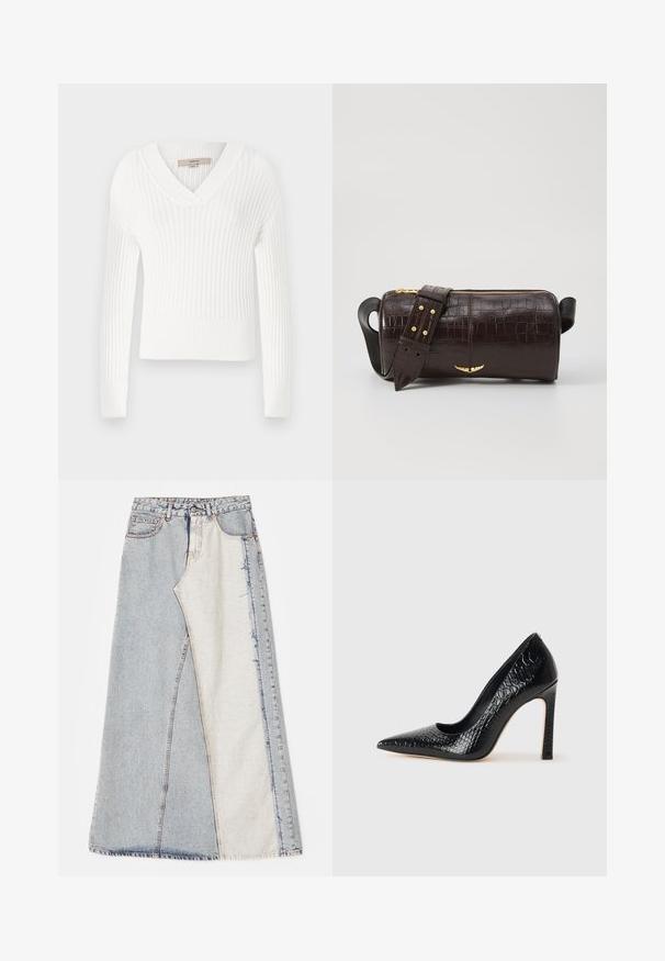 Valge soonikkoes kampsun V-kaelusega, pikkade varrukatega ja lühikese disainiga; omab tekstuurset viimistlust ja kehaümber lähedasi varrukaid.; Denim seelik, millel on patšitud disain, kus on heledad ja keskmise sinise tooni sektsioonid, rebenenud servad ja kõrge vöökoht. Klassikaline viie taskuga stiil.; Mustan teravaotsaga kõrge kontsaga king, millel on krokodillimustriga tekstuur, stiilne disain, kõrge stilettokonts ja sile must sisesisustus.; Pruunist krokodillimustrist nahast kott, millel on silindri kuju, kuldse tooni metalldetailid ja eemaldatav rihm, kus on nupud.