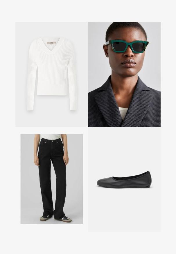 Witte geribbelde gebreide trui met een v-hals, lange mouwen en een cropped ontwerp; heeft een gestructureerde afwerking en aansluitende manchetten.; Zwarte high-waisted jeans met een rechte pijp, gemaakt van denim, met twee voorzakken en bronskleurige hardware accenten.; Zwarte leren ballerina met een ronde neus, gladde textuur, minimale stikdetails en een flexibele zoolontwerp.; Groene en gemarmerde zonnebril met een geometrisch montuur; donkere glazen; model draagt een gestructureerde zwarte blazer over een lichte blouse.; Zwarte synthetische schoudertas met een gebogen silhouet, textuurafwerking, gouden driehoeklogo en afneembare hardwareaccenten.