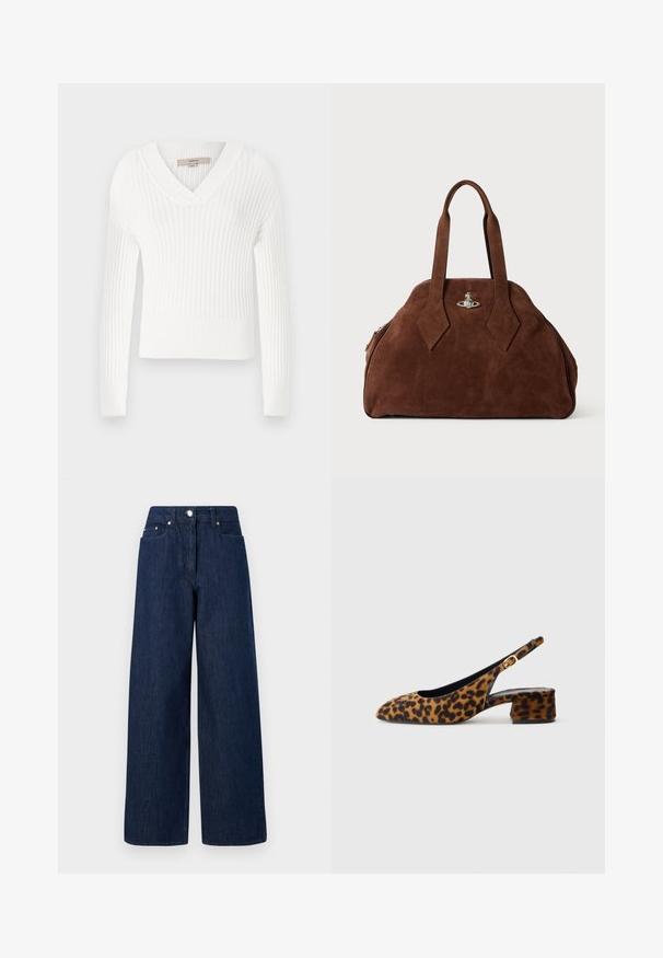 Balta ribota adīta džemperis ar V veida kakla izgriezumu, garām piedurknēm un īsu piegriezumu; tam ir teksturēta apdare un pieguļošas aproces.; Augsta jostasvieta, tumši zili platā kāju džinsi ar pogu aizdari, priekšējām kabatām un jostas cilpām uz baltā fona.; Sieviešu leopardu raksta siksniņu kurpes ar zemu bloku papēdi un zelta sprādzi sānu siksniņā, attēlotas sānu profilā uz vienkārša fona.; Brūns zamšādas rokassoma ar strukturētu formu, noapaļotu korpusu un pagarinātām dimanta formas rokturiem. Aprīkota ar sudraba krāsas aizdari.