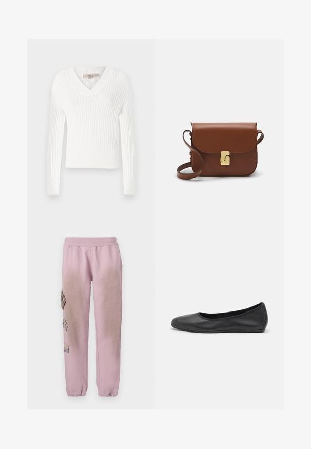 White ribbed knit sweater with a v-neck, long sleeves, and a cropped design; features a textured finish and fitted cuffs.; Pink sweatpants with an elastic waistband, featuring decorative patches in diamond shapes on the left side and elastic cuffs at the ankles.; Black leather ballet flat with a rounded toe, smooth texture, minimal stitching detail, and a flexible sole design.; Brown leather handbag with a flap closure, gold-tone hardware, a shoulder strap, and a smooth texture. Compact rectangular shape.